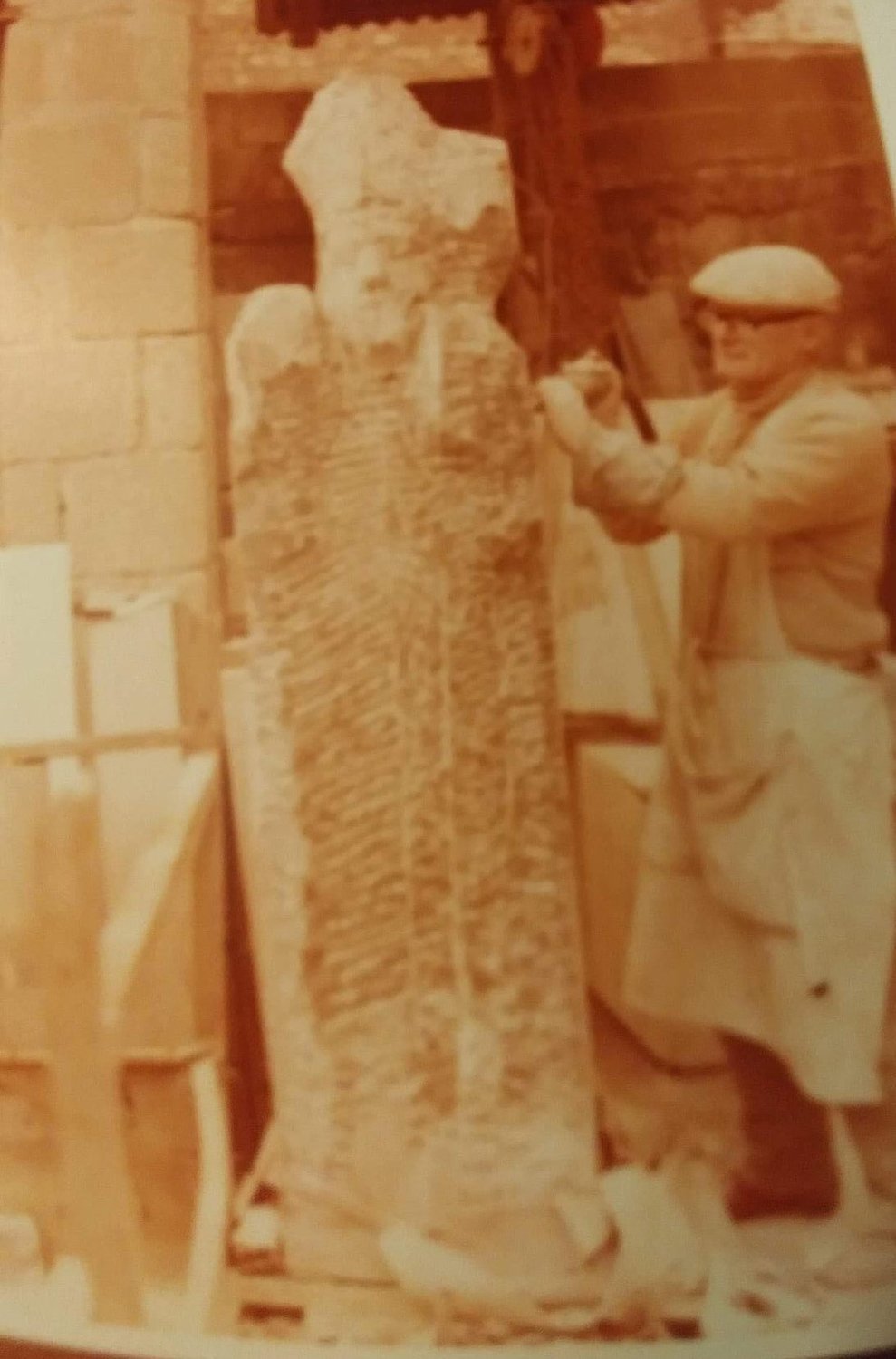 This undated photo belonging to a relative and posted on Reddit shows the late Arthur J. Breen of Dublin carving a limestone statue of St. Patrick — perhaps the one that now stands in Laurie.